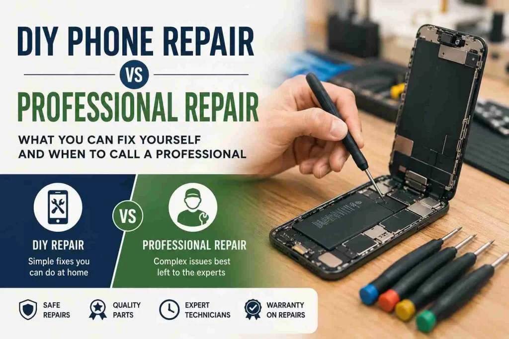 DIY phone repair vs professional repair with a technician repairing a smartphone